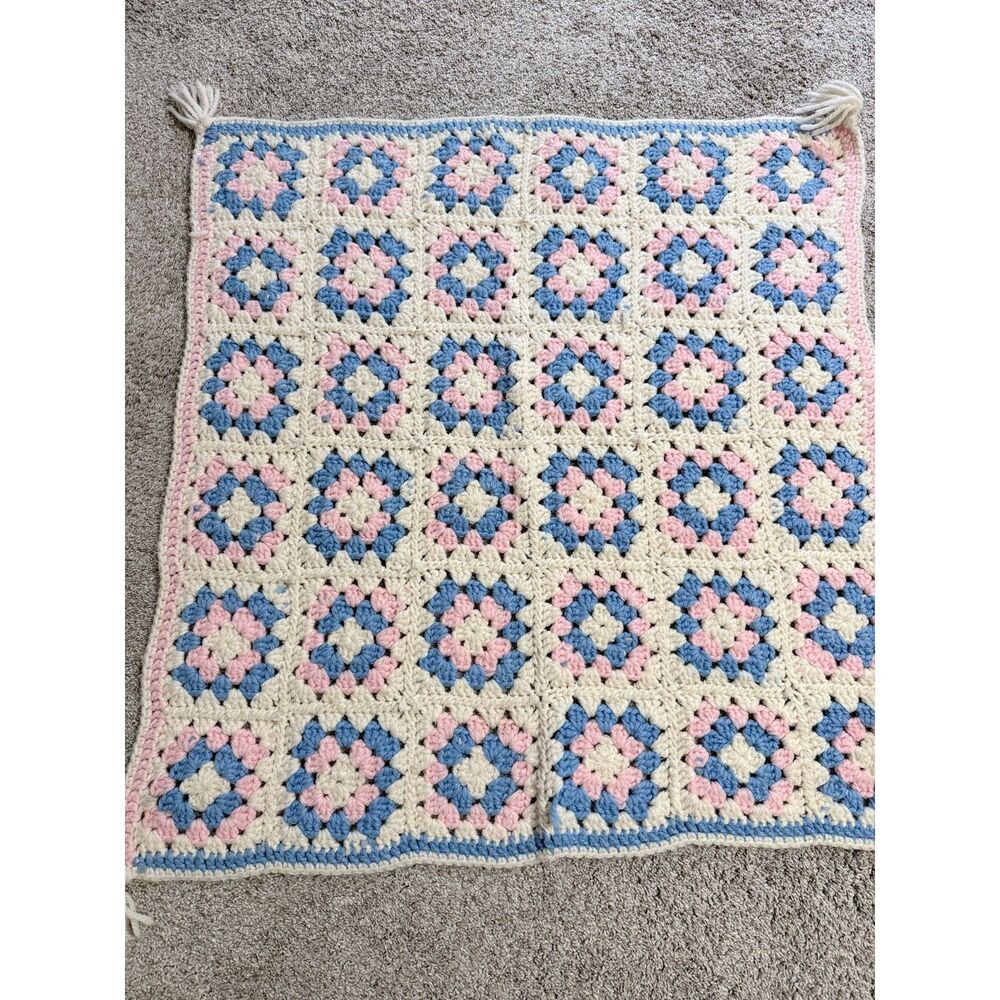 Vintage Handmade Crochet Granny Square Afghan Pink Blue Cream 36x36